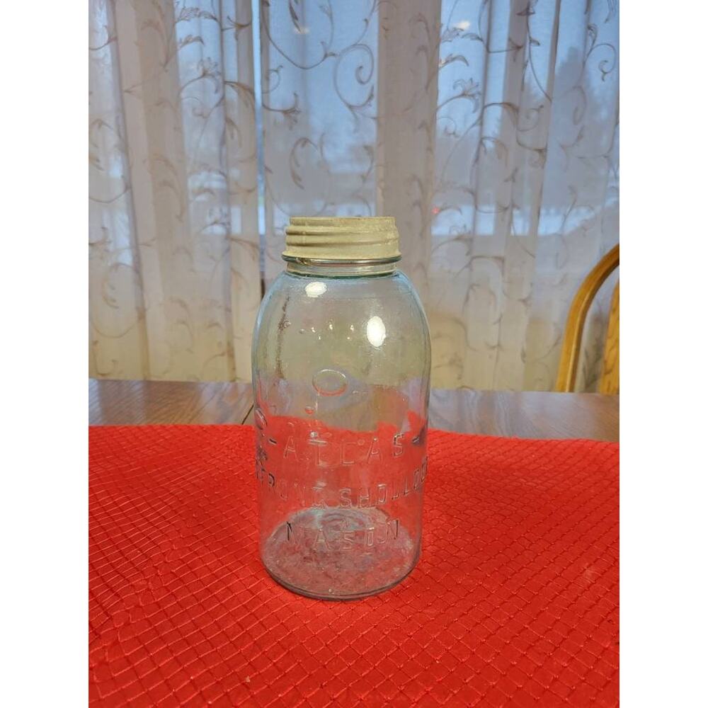 Vintage Atlas Blue Jar, Strong Shoulder, Mason Glass Half Gallon, Zin Atlas Lid